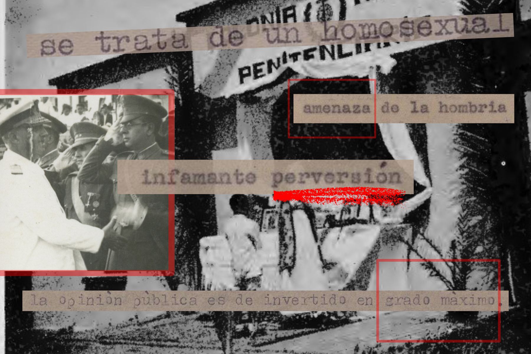 Montaje del campo de concentración de Tefía, visita a Franco en Lanzarote (Foto: Familia Hernández Cabrera) y textos del expediente de 'Invertidos'.