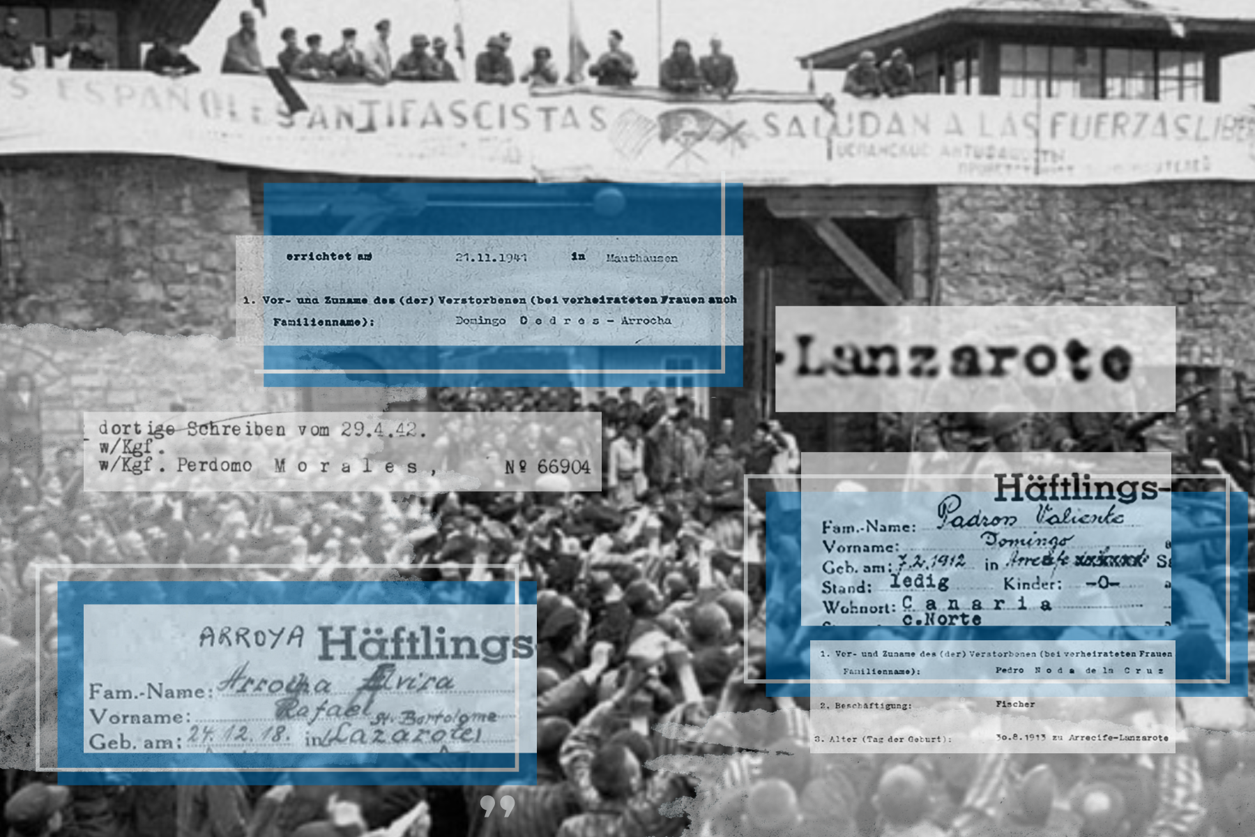 Expedientes de los cinco lanzaroteños junto a una fotografía del campo de liberación de Mauthausen.