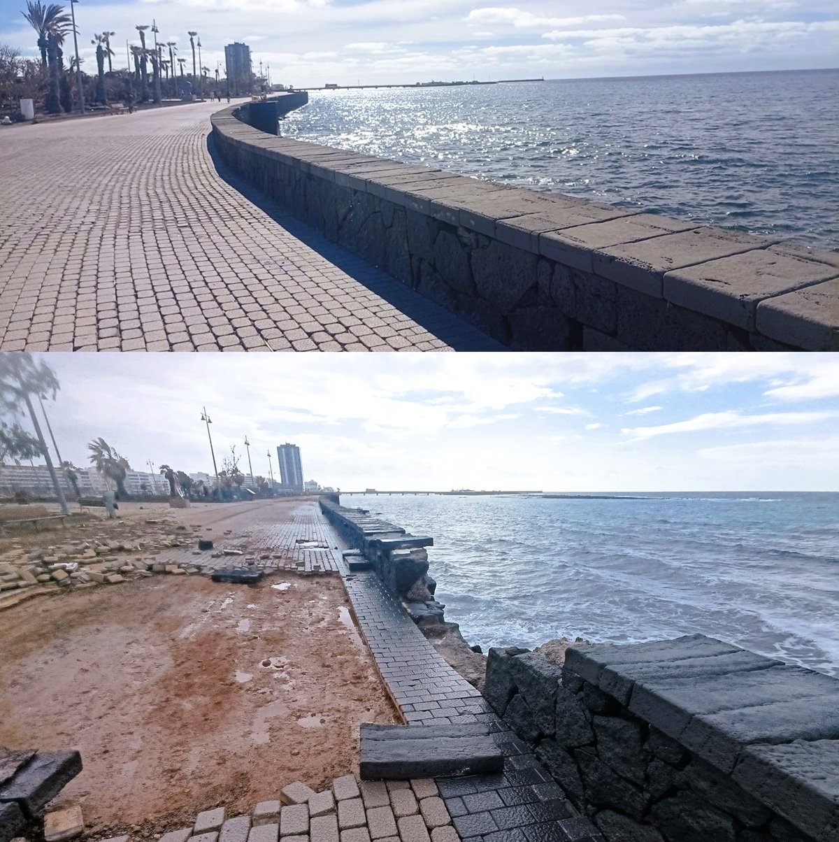Imagen del paseo marítimo en la Punta del Camello, donde se aprecia el daño por la borrasca y la reparación
