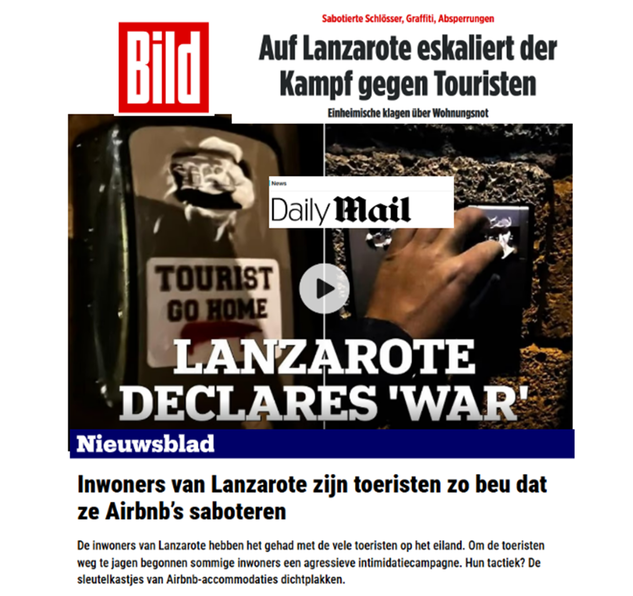 Montaje con los tres artículos citados en la prensa británica, alemana y neerlandesa.