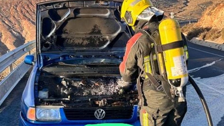 Los bomberos refrigerando el motor del vehículo en la carretera LZ-10