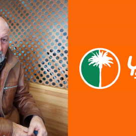 Luis Ureta, presidente de Yaiza Siempre, junto a la imagen del partido