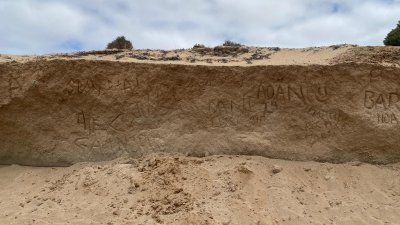Grabado en el litoral de La Graciosa. Foto: Andrea Domínguez.