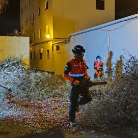 Los bomberos desbrozando la buganvilla