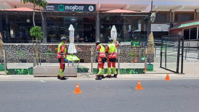 Un coche impacta contra un macetón y mamparas de un bar en Arrecife