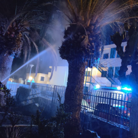 Bomberos Voluntarios apagando un contao de incendio en una palmera