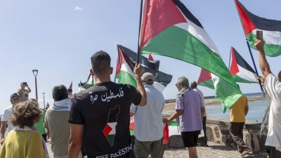 El Puente de Las Bolas se tiñe de banderas palestinas. Foto: Juan Mateos.
