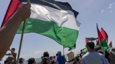 El Puente de Las Bolas se tiñe de banderas palestinas. Foto: Juan Mateos.