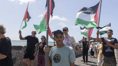 El Puente de Las Bolas se tiñe de banderas palestinas. Foto: Juan Mateos.