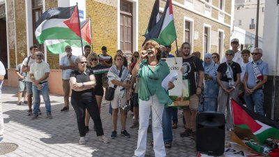 El Puente de Las Bolas se tiñe de banderas palestinas. Foto: Juan Mateos.