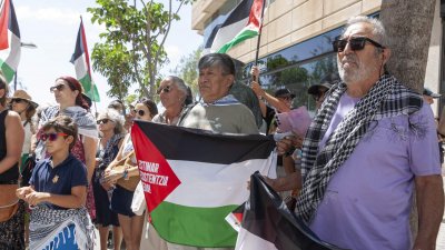 El Puente de Las Bolas se tiñe de banderas palestinas. Foto: Juan Mateos.