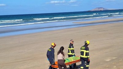 Efectivos de Emergencia recogiendo el delfín varado en Famara. Foto: SECAC.