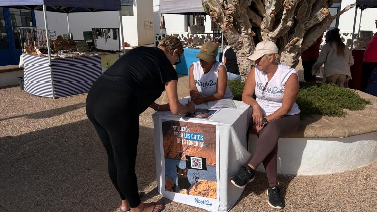 Integrantes de la Asociación Felina Maulli2 recogiendo firmas.
