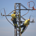 Trabajadores de Endesa sobre una torreta eléctrica.