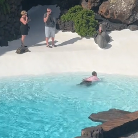 Momento en el que la turista cae a la piscina de Jameos del Agua. Foto: @elialanzas