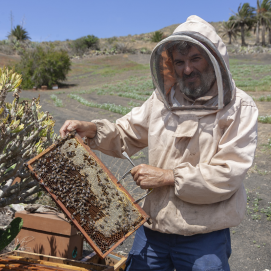 Manolo Zerpa, apicultor de Lanzarote, junto a una de sus colmenas. Foto: Juan Mateos