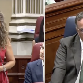 Paula Jover (VOX) y Poli Suárez (PP) en un momento del pleno. Foto: Parlamento de Canarias.