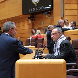 Manuel Fajardo luce el pañuelo palestino durante el pleno del Senado