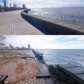 Imagen del paseo marítimo en la Punta del Camello, donde se aprecia el daño por la borrasca y la reparación