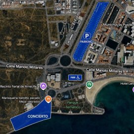Zonas asignadas por la Concejalía de Movilidad de Arrecife a las personas con PMR ( tarjeta azul) e indicación de la zona del escenario y gran aparcamiento