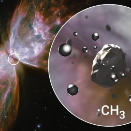 Recreación artística de la erosión de granos de carbono amorfo hidrogenado.